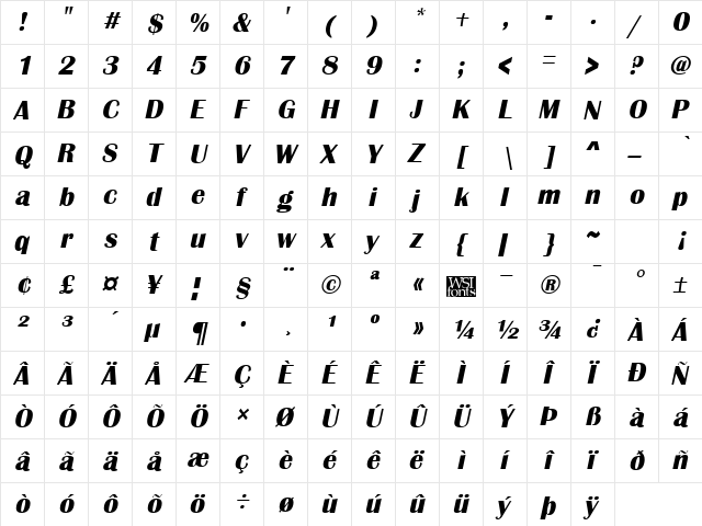 Scotsdale Italic  glyph index