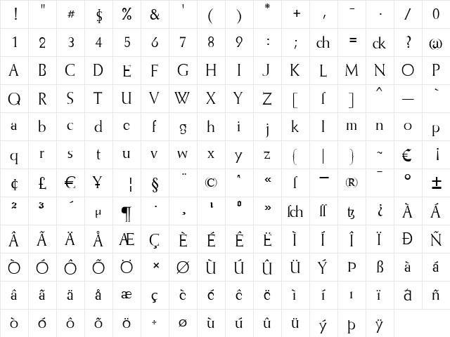 Romantha Regular  glyph index
