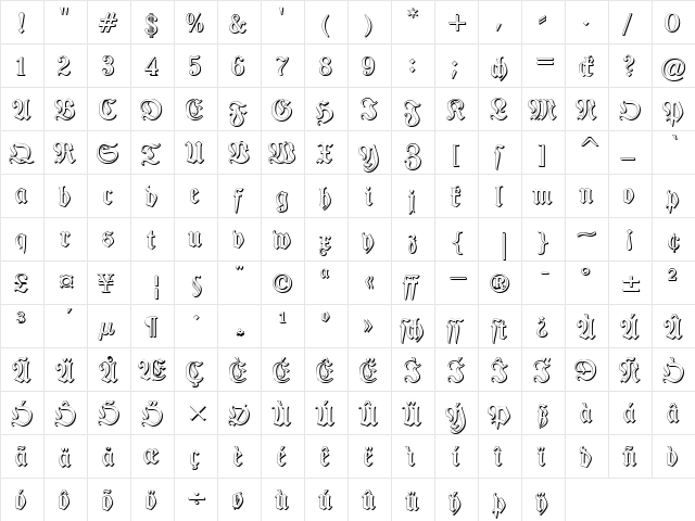 TypographerFraktur Shadow Regular  glyph index