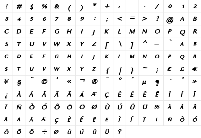 Ela Sans Black Caps Italic  glyph index