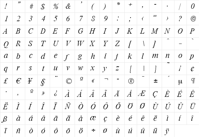 SimonBecker-ExtraLight Italic  glyph index