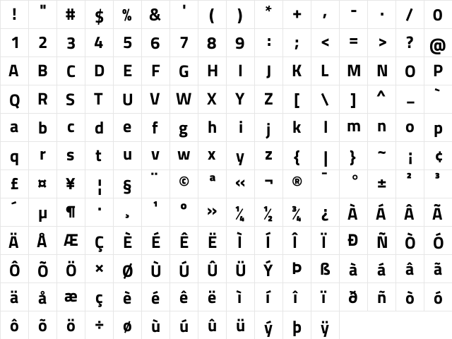 Titillium Web Bold  glyph index