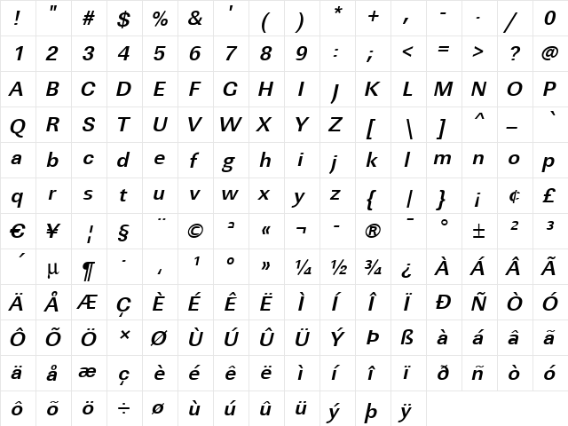 JeffBecker Bold Italic  glyph index