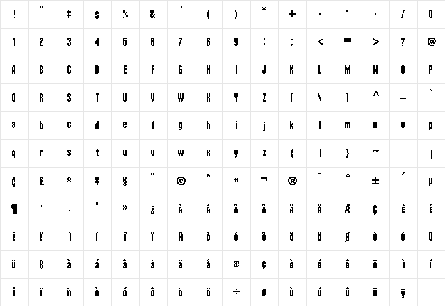 Nu World Tight Regular  glyph index