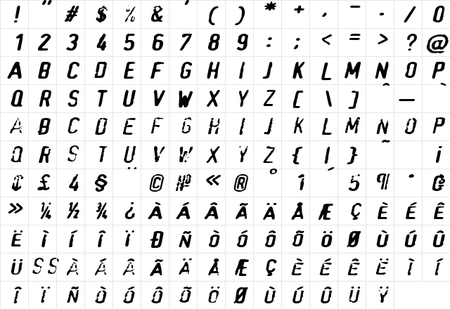 Top SecretExtended Oblique  glyph index