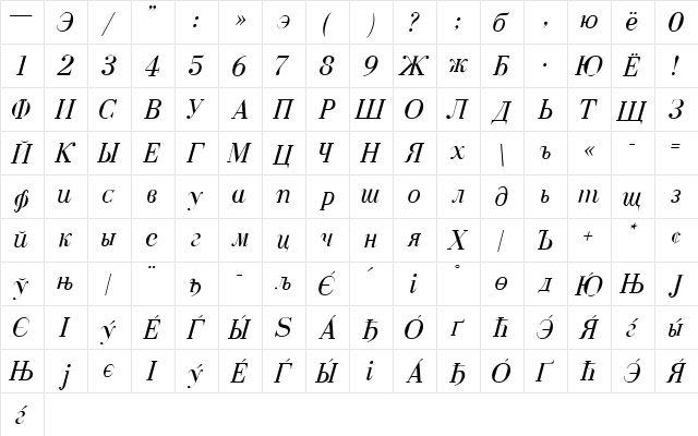 Ekaterina Regular  glyph index