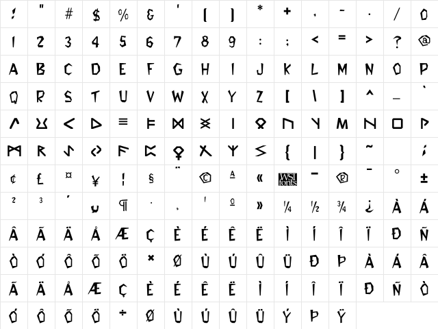 Glyphics Regular  glyph index