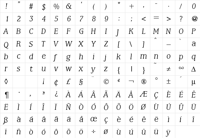 MarburgLight RegularItalic  glyph index