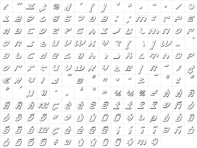 Yahren Shadow Italic Shadow Italic  glyph index