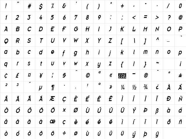 EmblemCondensed Italic  glyph index