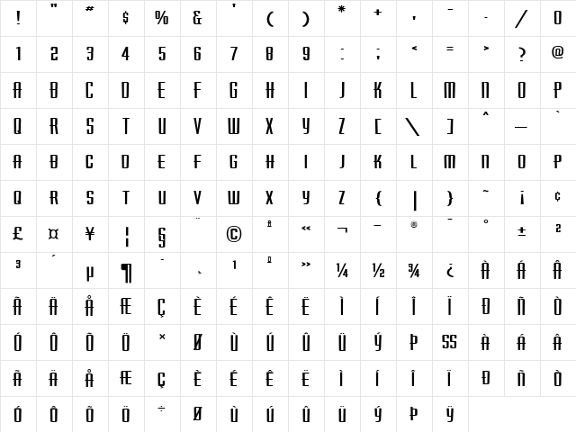 Mingo Regular  glyph index