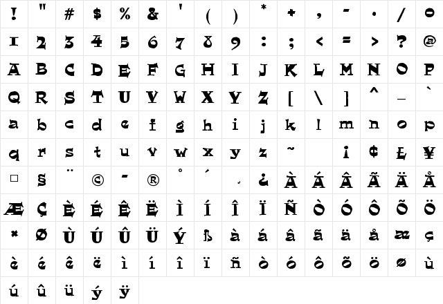 Quaint Regular  glyph index