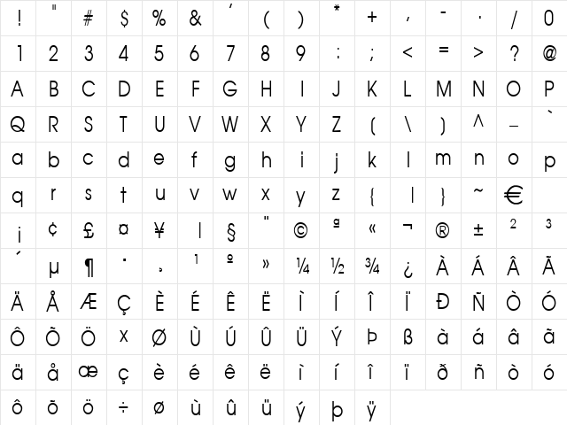 AtillaCondensed Normal  glyph index