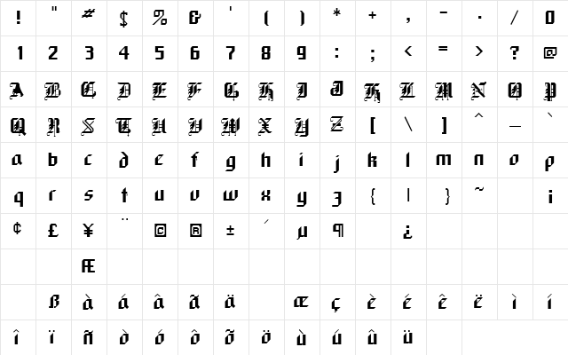 KlemaSSK Regular  glyph index