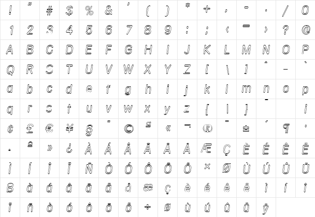 AndreasBeckerOutline-Light Italic  glyph index