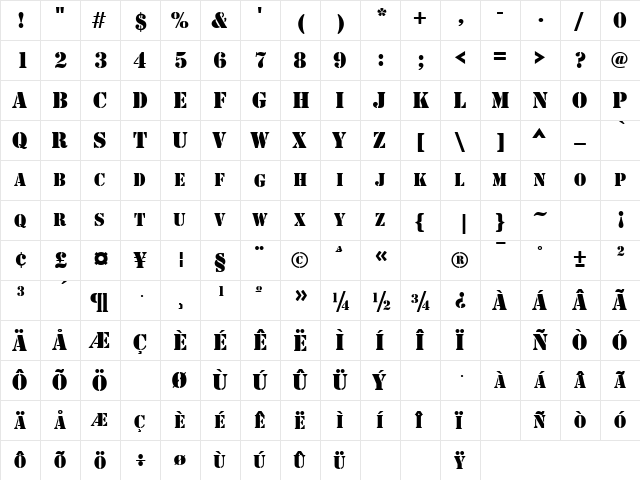 GE Army Block Caps Regular  glyph index