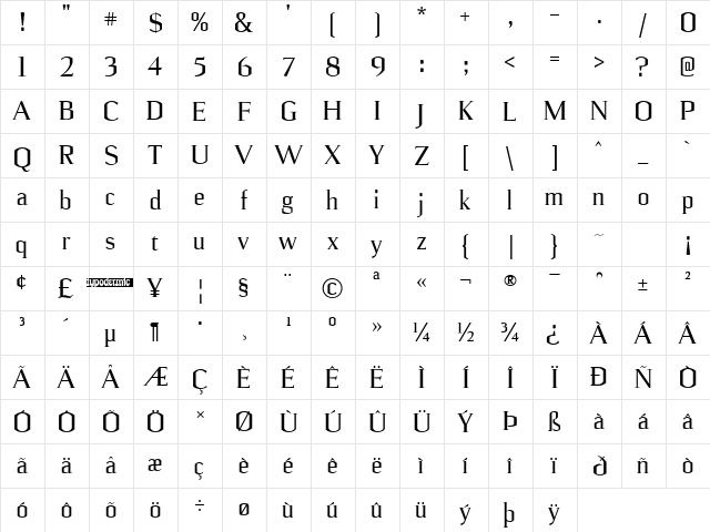 Ulian Regular  glyph index