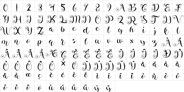 amellya Regular  glyph index