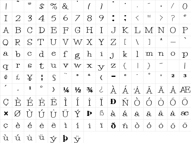 Twiggy86 Bold  glyph index