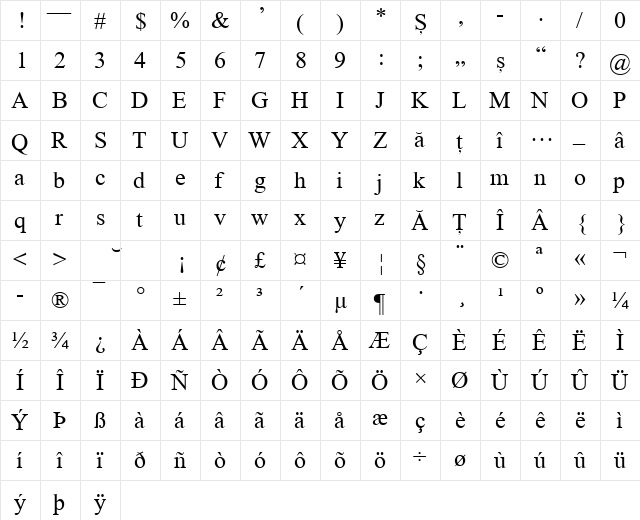 RomJurnalist Regular  glyph index