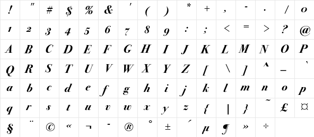 Bodoni72OSC Bold Italic  glyph index