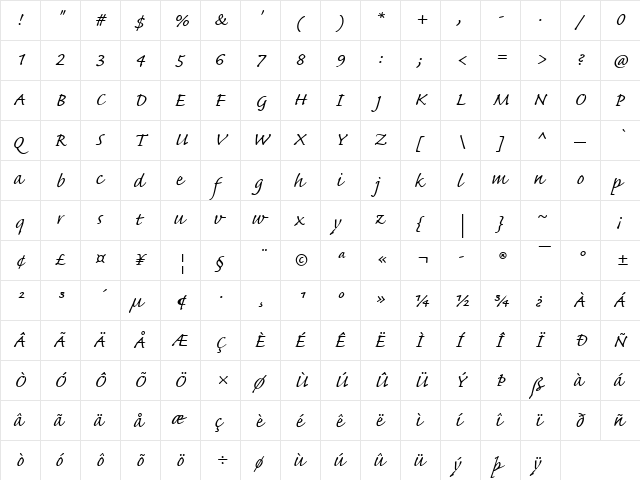 Caflisch Script Web Regular  glyph index