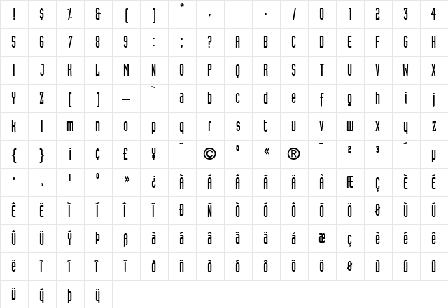 Industria SolidA  glyph index