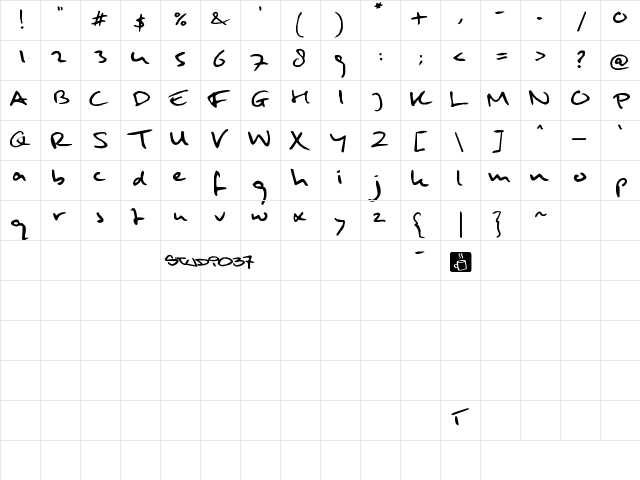 Mulder handwriting Regular  glyph index
