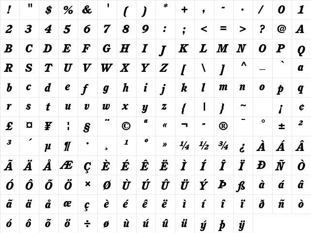 ITC Cushing Std Heavy Italic  glyph index