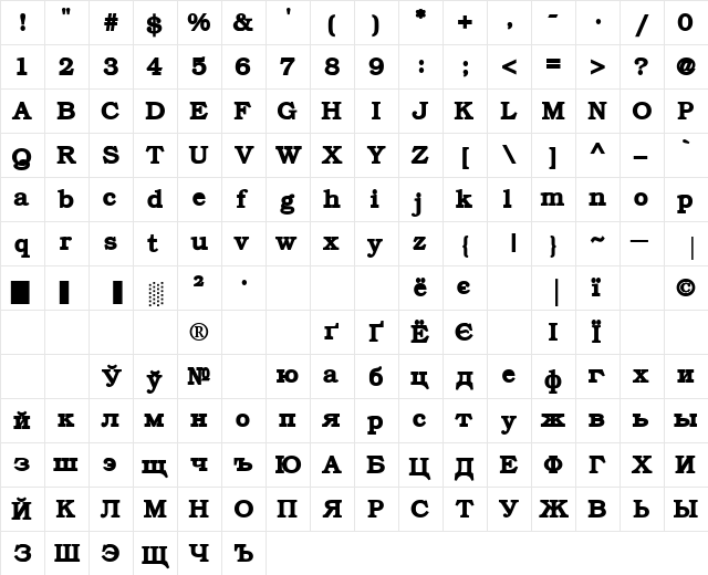 ER Bukinist KOI-8 Bold  glyph index