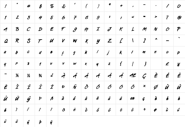 Boomboyah Regular  glyph index