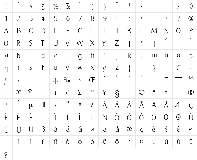 Cleargothic-Xlight Regular  glyph index