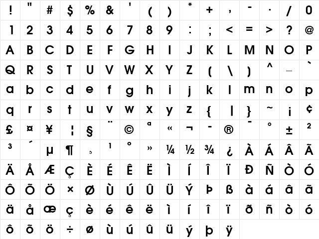 AvantGarde Bold  glyph index