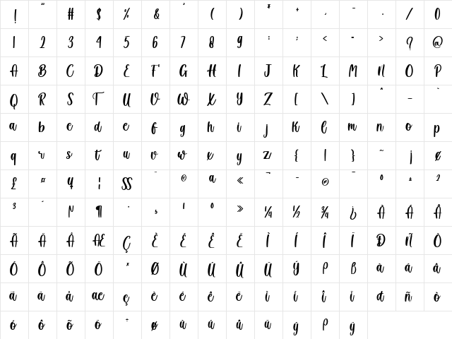 Winter Creative Regular  glyph index