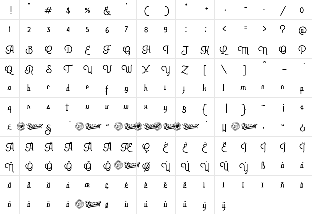 Brotherline Regular  glyph index
