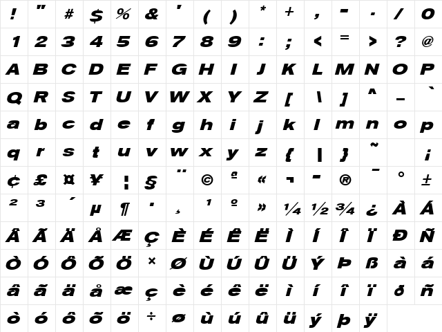 Sage Extended Bold Oblique  glyph index