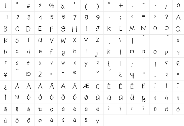 Whirligig Regular  glyph index