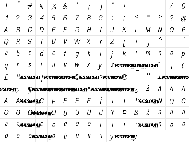 Engula Italic  glyph index