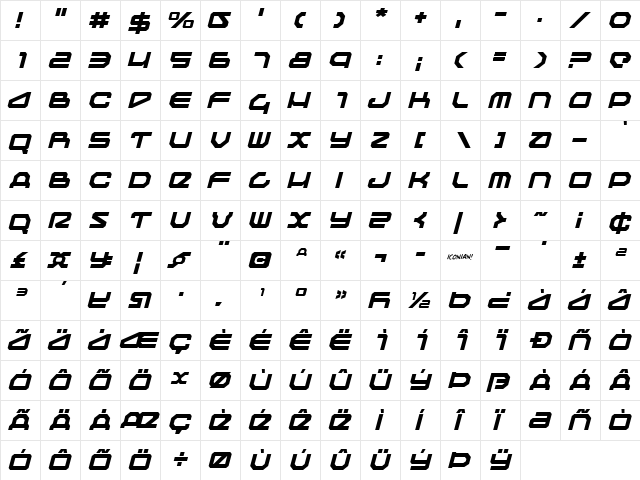 Traveler Italic Italic  glyph index