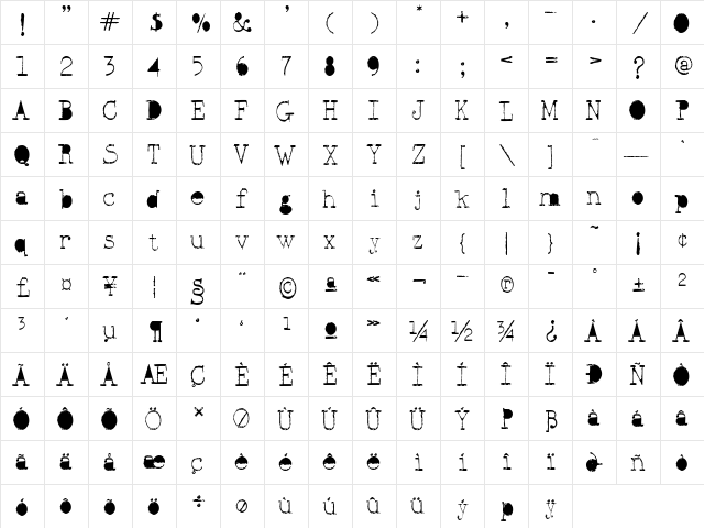 Scrubblack Regular  glyph index