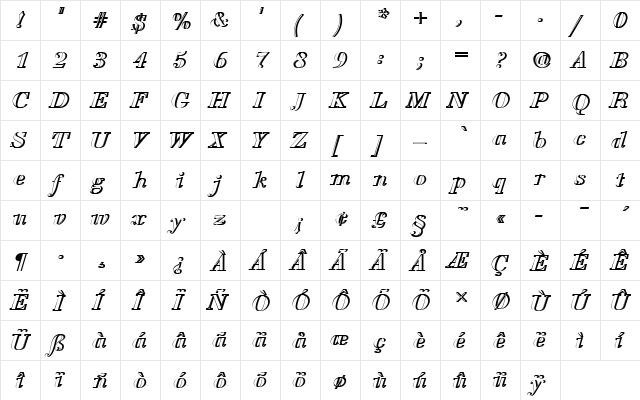 BauerBodDDemBolItaRe1 Regular  glyph index