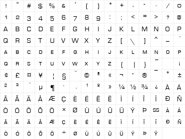 EurostileSCT Regular  glyph index