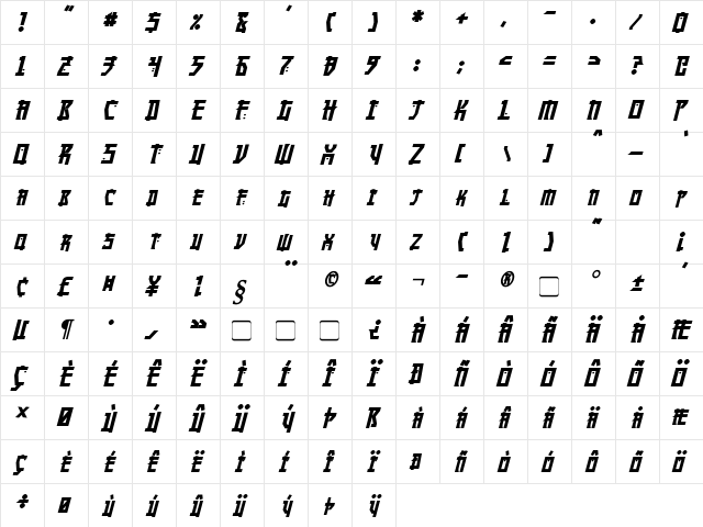 Manga Bold Italic  glyph index