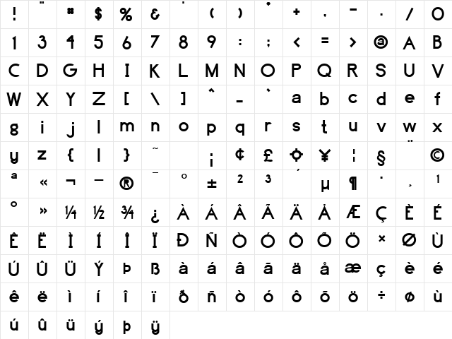 Highball Bold  glyph index