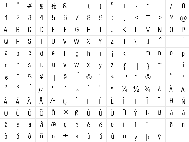 Square721 Cn BT Roman  glyph index