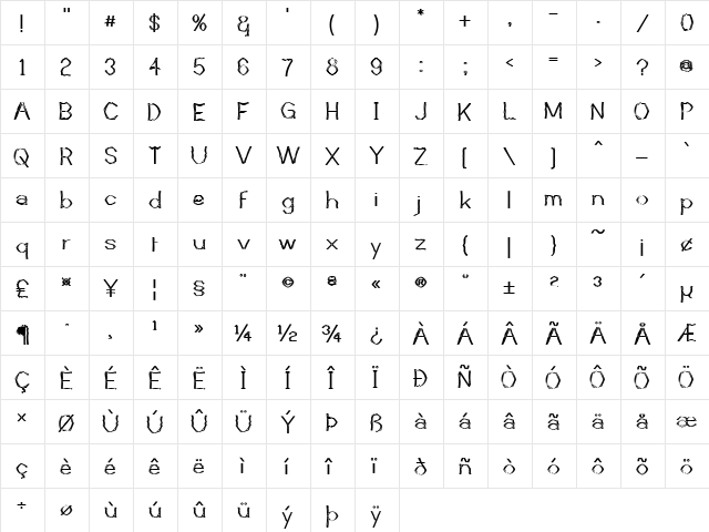 Mutant Bamboo I Regular  glyph index