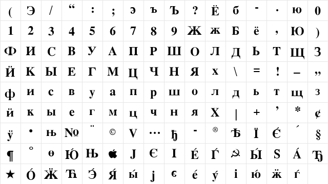 VremyaFLF-Bold Regular  glyph index