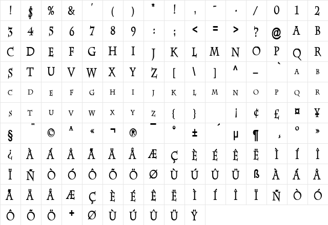 Chaz Thin Bold  glyph index