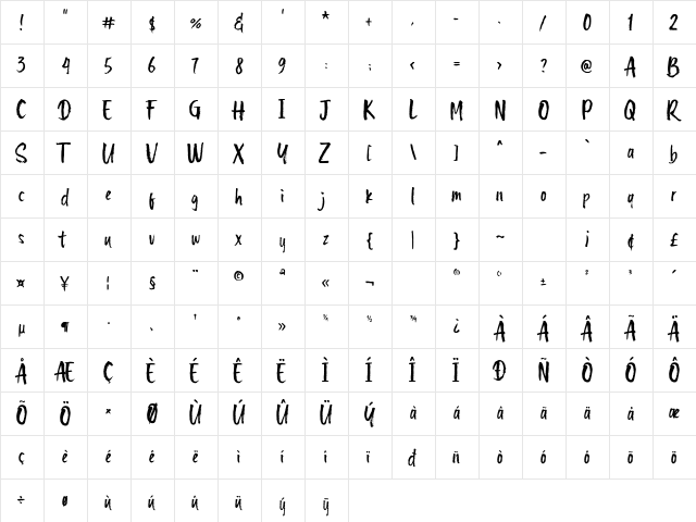 Quikers Regular  glyph index