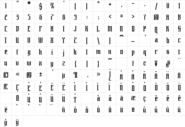 PlanetSevenHundred Regular  glyph index